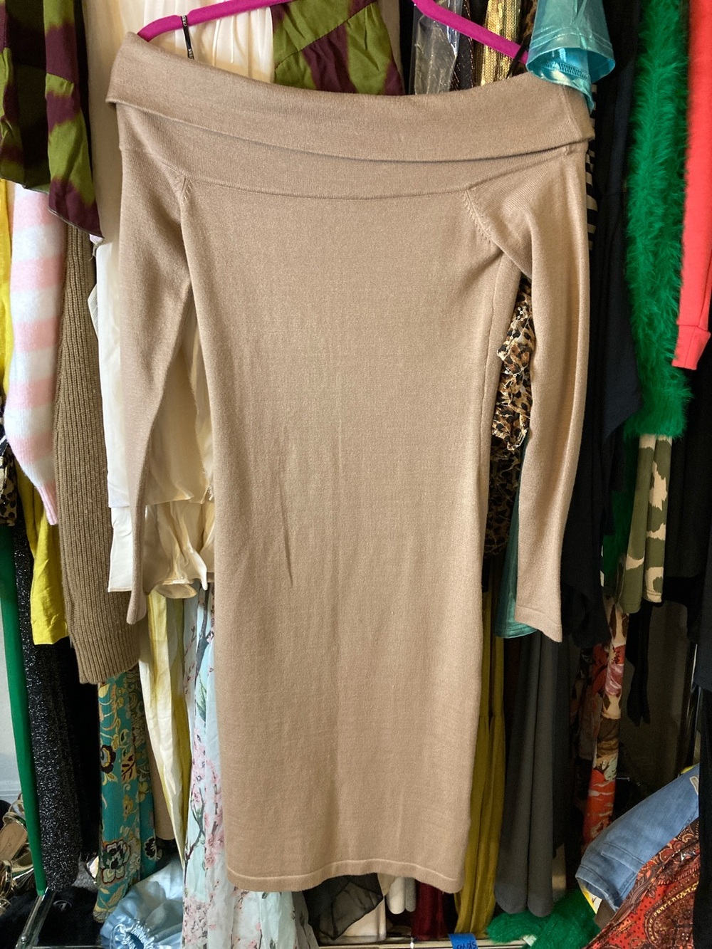 GUESS Beige Off-Shoulder Midi Knit Dress